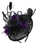 Caprilite Black and Dark Purple Sinamay Disc Saucer Fascinator Hat for Women Weddings Headband