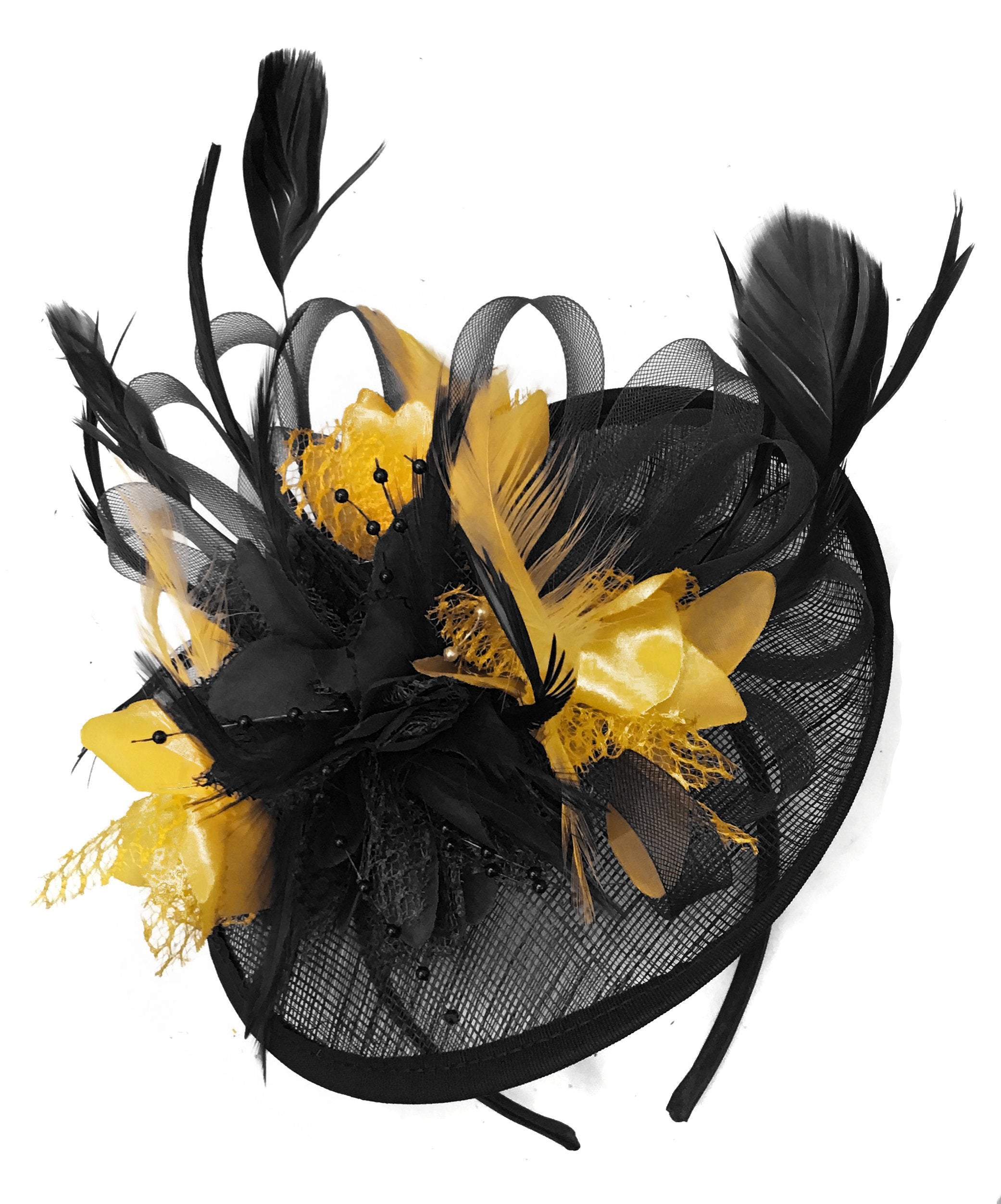Caprilite Black and Gold Sinamay Disc Saucer Fascinator Hat for Women Weddings Headband