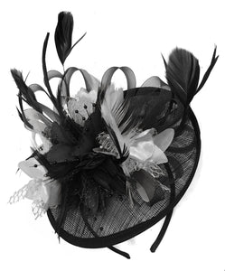 Caprilite Black and Silver Grey Sinamay Disc Saucer Fascinator Hat for Women Weddings Headband