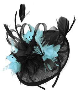 Caprilite Black and Light Turquoise Sinamay Disc Saucer Fascinator Hat for Women Weddings Headband