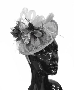 Caprilite Grey Silver and Black Sinamay Disc Saucer Fascinator Hat for Women Weddings Headband