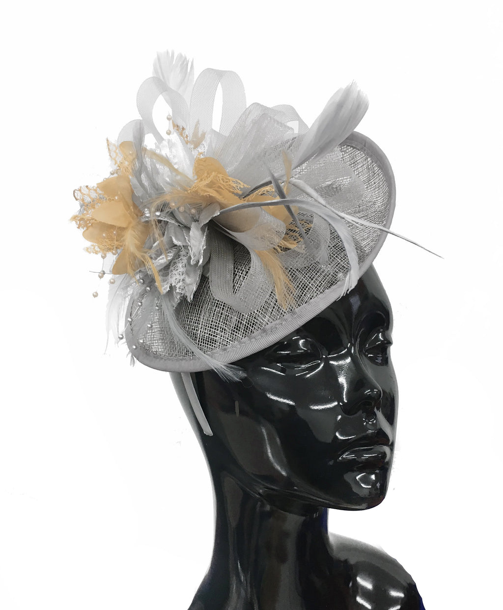 Caprilite Grey Silver and Beige Sinamay Disc Saucer Fascinator Hat for Women Weddings Headband