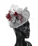Caprilite Grey Silver and Burgundy Sinamay Disc Saucer Fascinator Hat for Women Weddings Headband