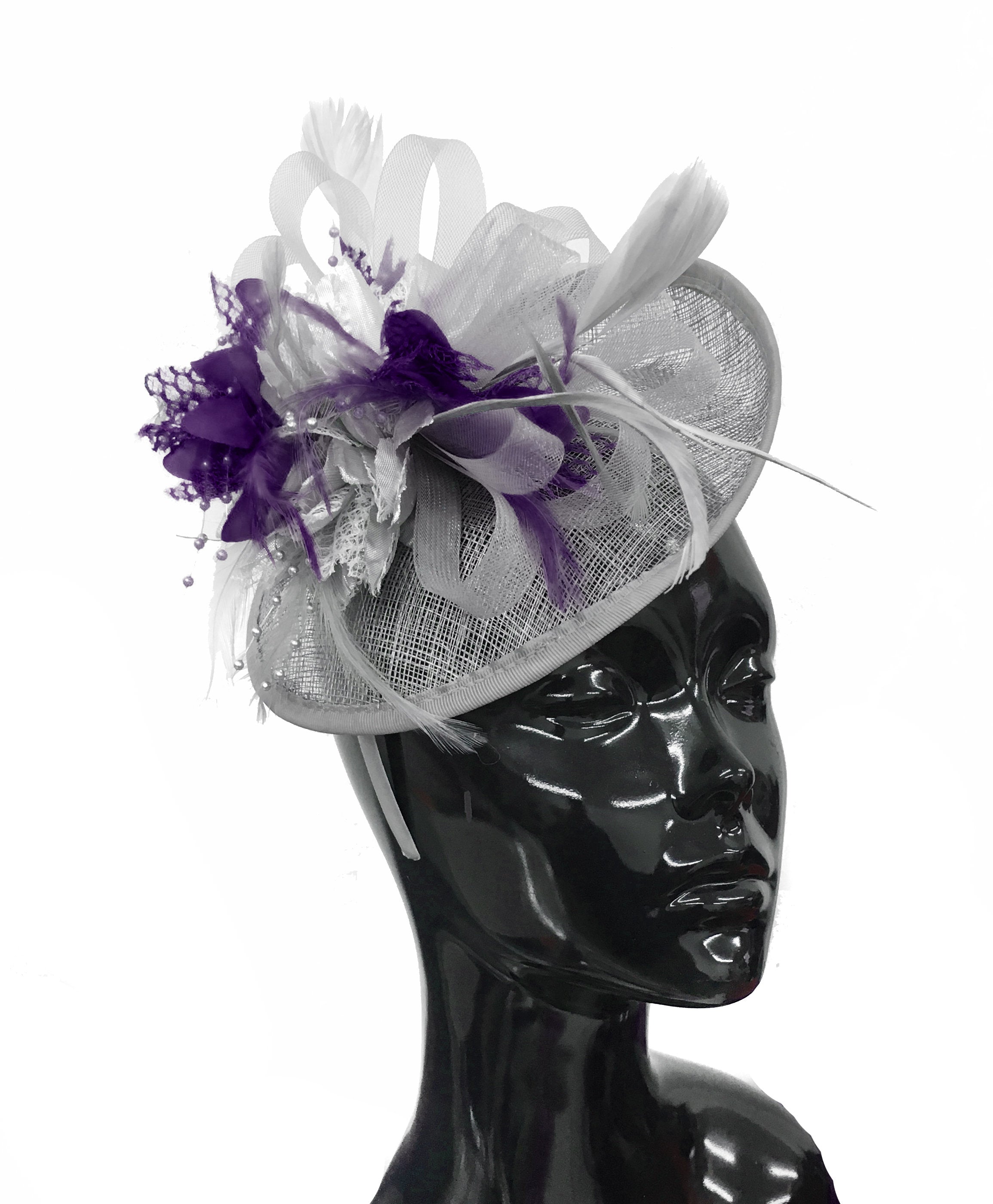 Caprilite Grey Silver and Dark Purple Sinamay Disc Saucer Fascinator Hat for Women Weddings Headband