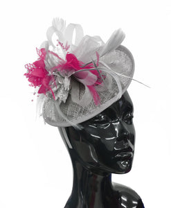 Caprilite Grey Silver and Fuchsia Hot Pink Sinamay Disc Saucer Fascinator Hat for Women Weddings Headband