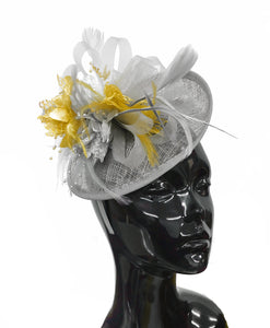 Caprilite Grey Silver and Gold Sinamay Disc Saucer Fascinator Hat for Women Weddings Headband