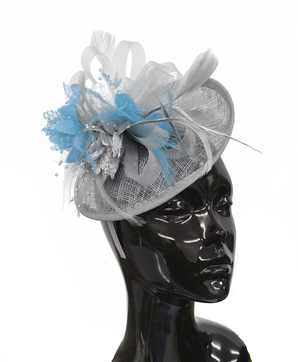 Caprilite Grey Silver and Light Blue Sinamay Disc Saucer Fascinator Hat for Women Weddings Headband