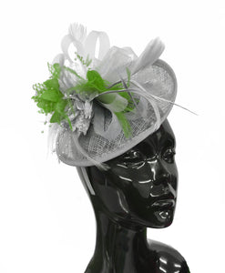 Caprilite Grey Silver and Lime Sinamay Disc Saucer Fascinator Hat for Women Weddings Headband