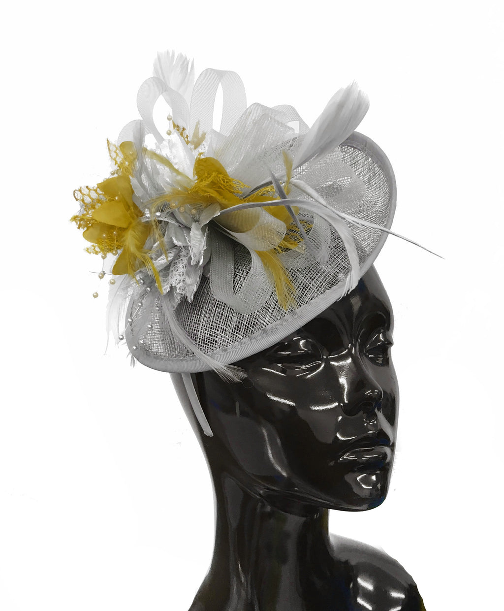 Caprilite Grey Silver and Mustard Sinamay Disc Saucer Fascinator Hat for Women Weddings Headband