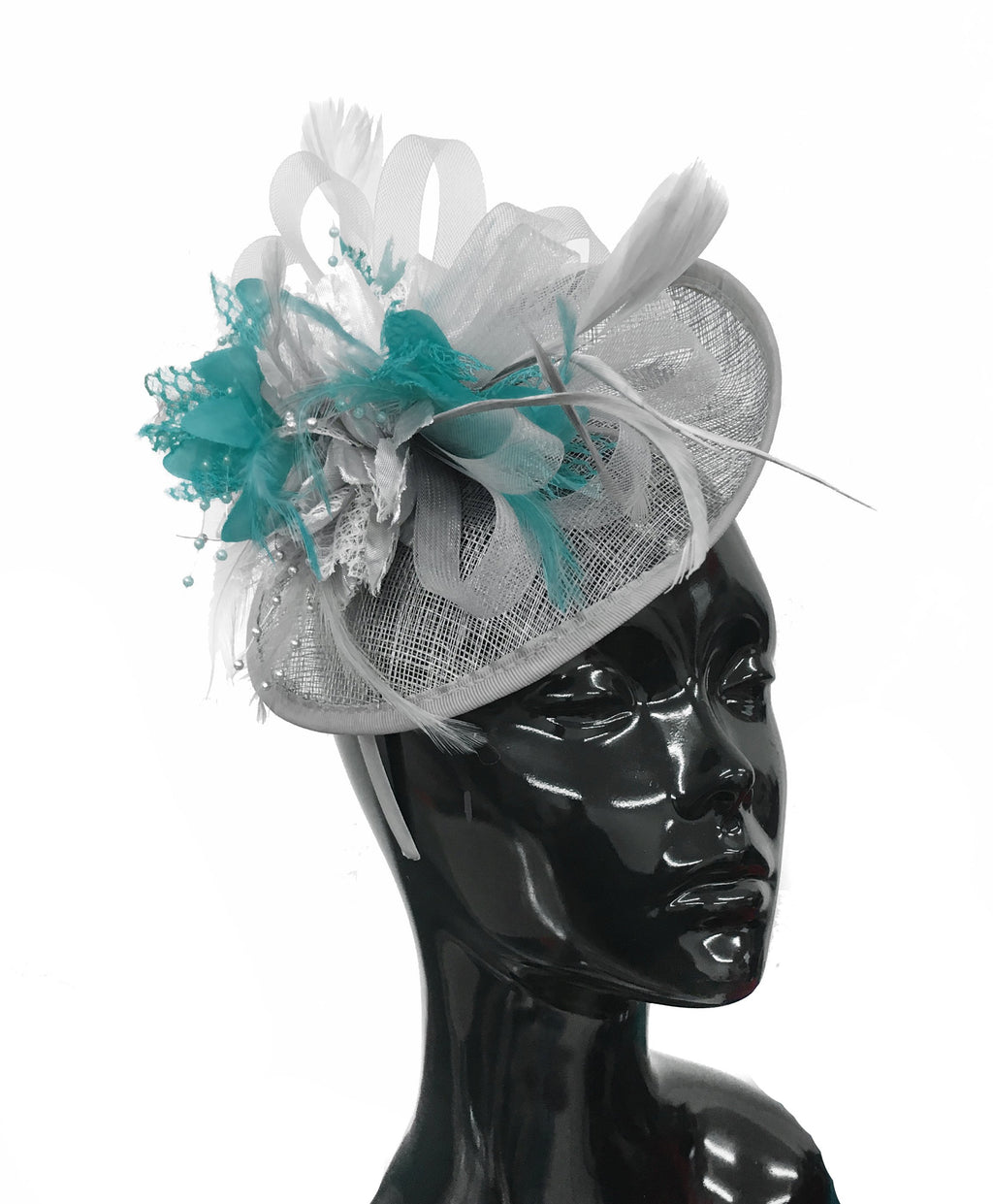 Caprilite Grey Silver and Teal Turquoise Sinamay Disc Saucer Fascinator Hat for Women Weddings Headband