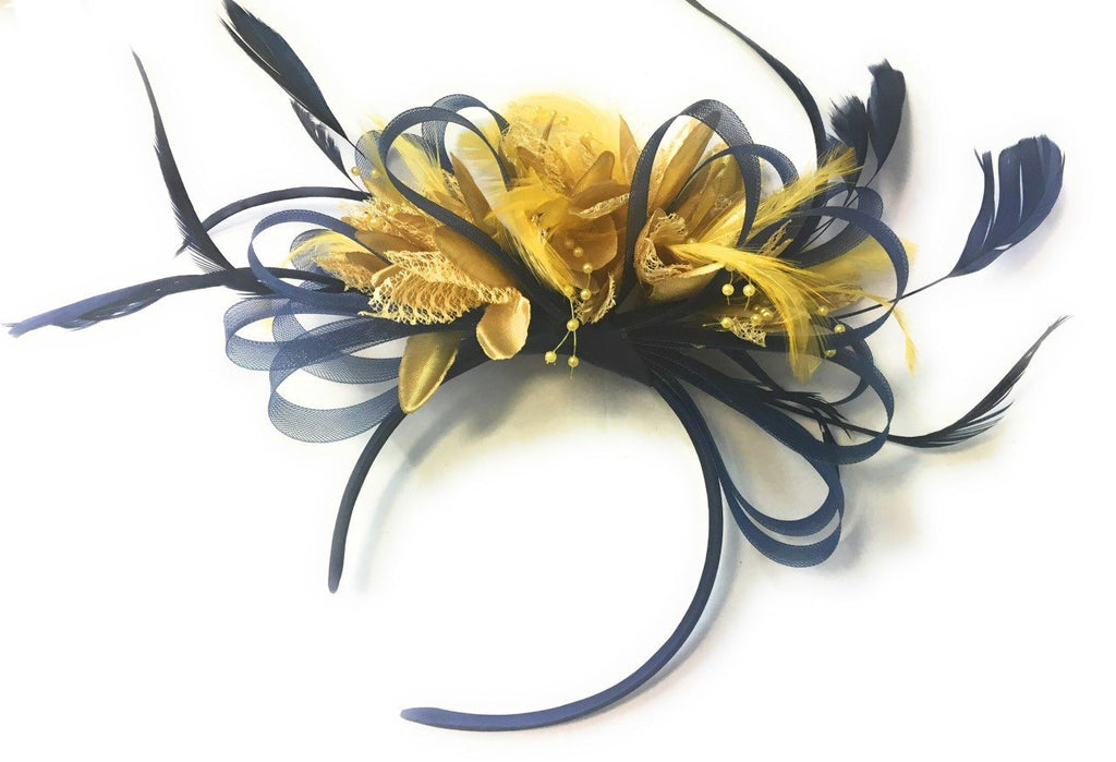 Caprilite Navy Blue Hoop & Gold Feathers Fascinator Headband Ascot Wedding