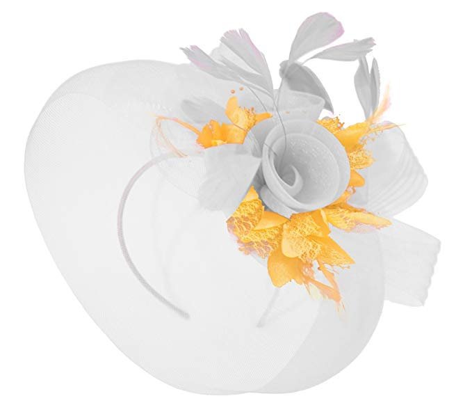 Caprilite White and Gold Fascinator Hat Veil Net Ascot Derby Races Wedding Headband Feather