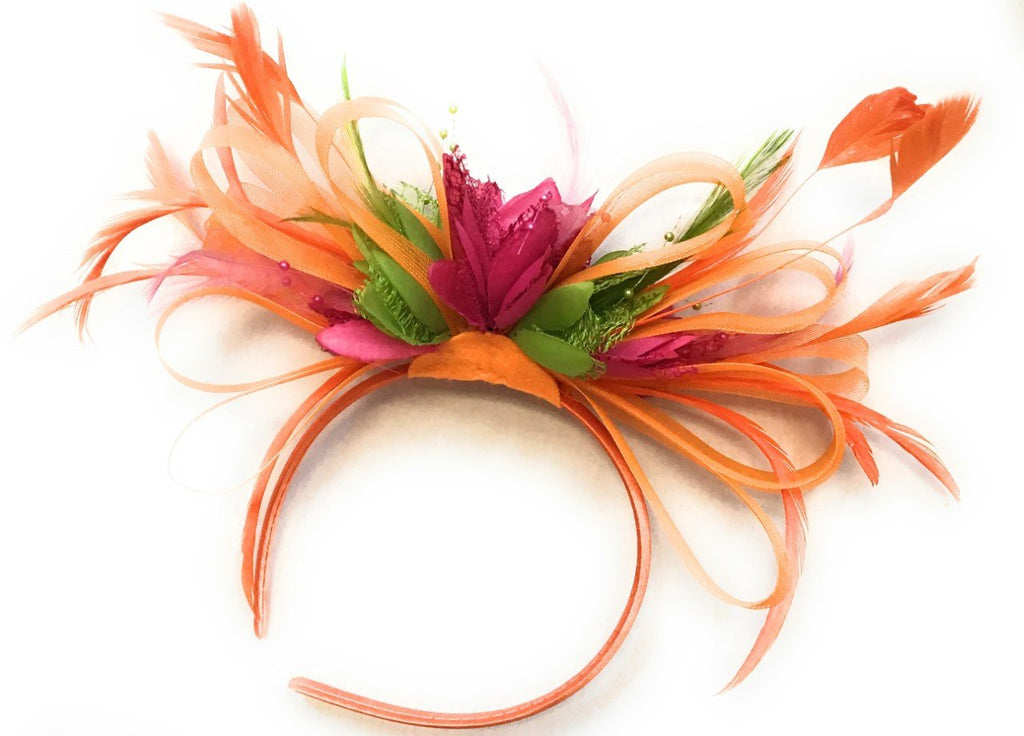 Caprilite Orange, Fuchsia Pink & Lime Green Feathers Fascinator on Headband
