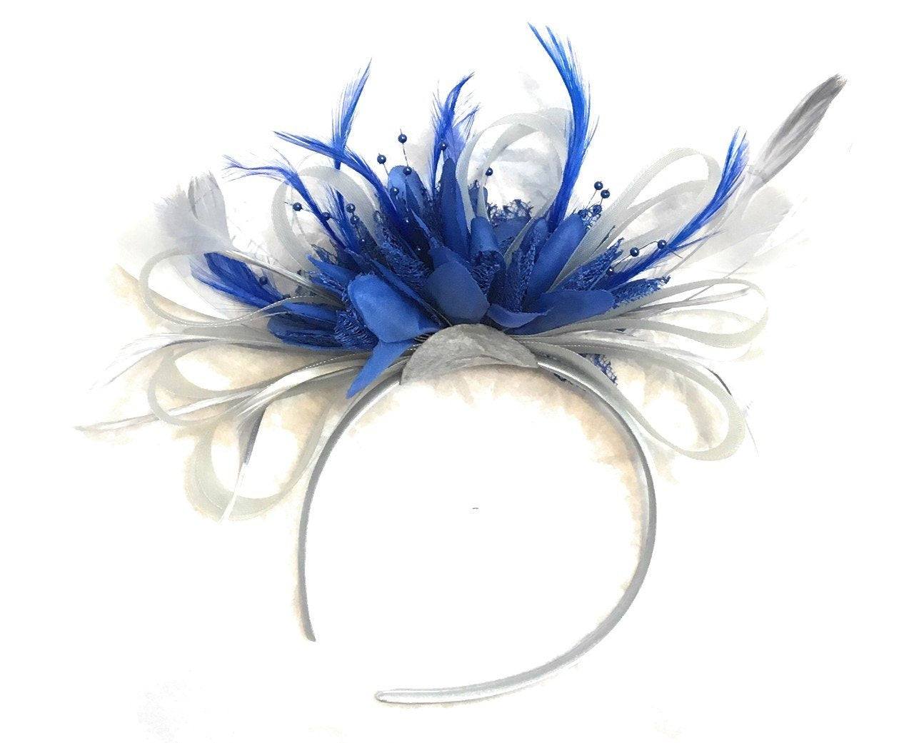 Caprilite Grey Silver & Royal Blue Fascinator on Headband AliceBand UK Wedding Ascot Races Loop