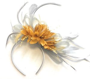 Caprilite Silver Grey and Mustard Yellow Feathers Fascinator Headband Wedding Ascot Derby