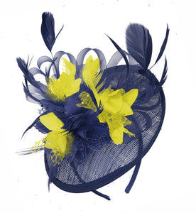 Caprilite Sinamay Navy Blue and Yellow Disc Saucer Fascinator Hat for Women Weddings Headband