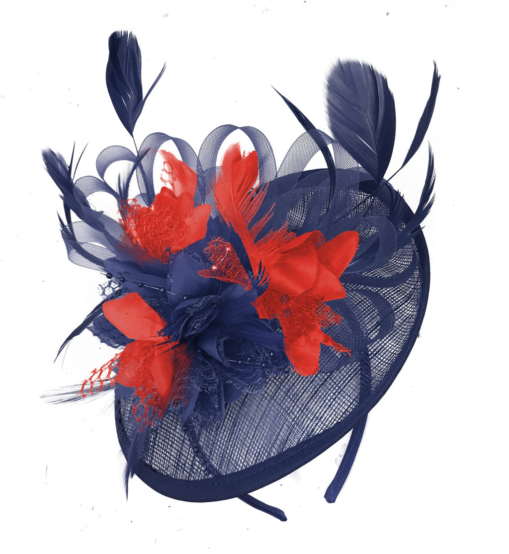 Caprilite Sinamay Navy Blue and Red Disc Saucer Fascinator Hat for Women Weddings Headband