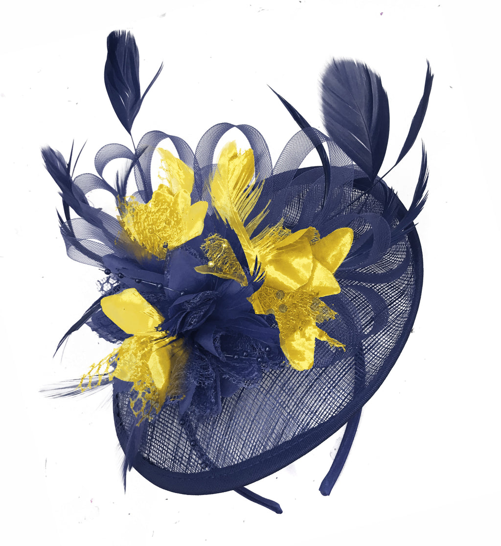 Caprilite Sinamay Navy Blue and Gold Disc Saucer Fascinator Hat for Women Weddings Headband