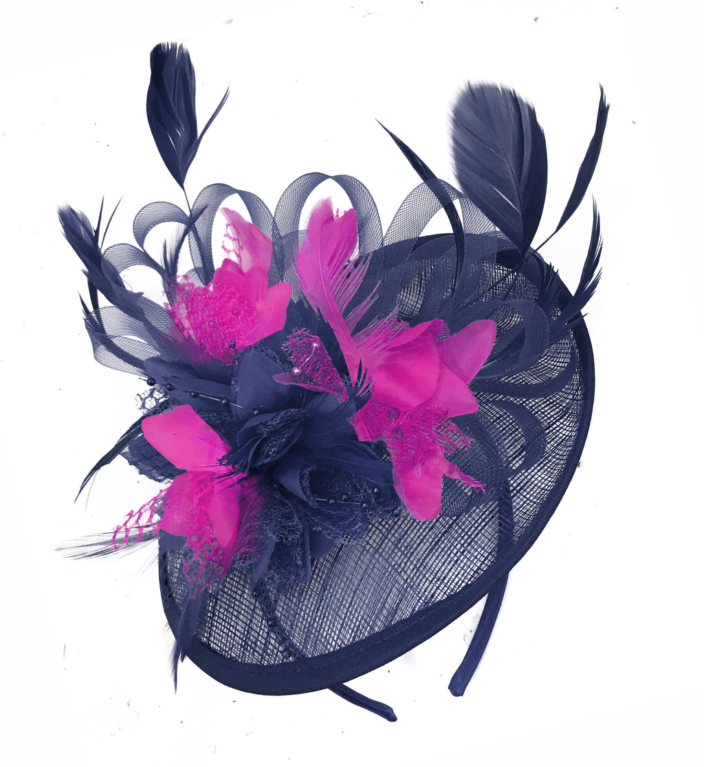 Caprilite Sinamay Navy Blue and Fuchsia Hot Pink Disc Saucer Fascinator Hat for Women Weddings Headband