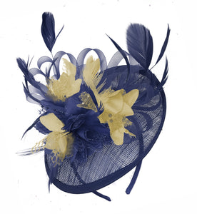 Caprilite Sinamay Navy Blue and Beige Disc Saucer Fascinator Hat for Women Weddings Headband