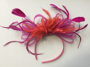 Caprilite Hot Pink Fuchsia and Dark Coral Blood Orange Fascinator on Headband Alice Band UK Wedding Ascot Races Derby