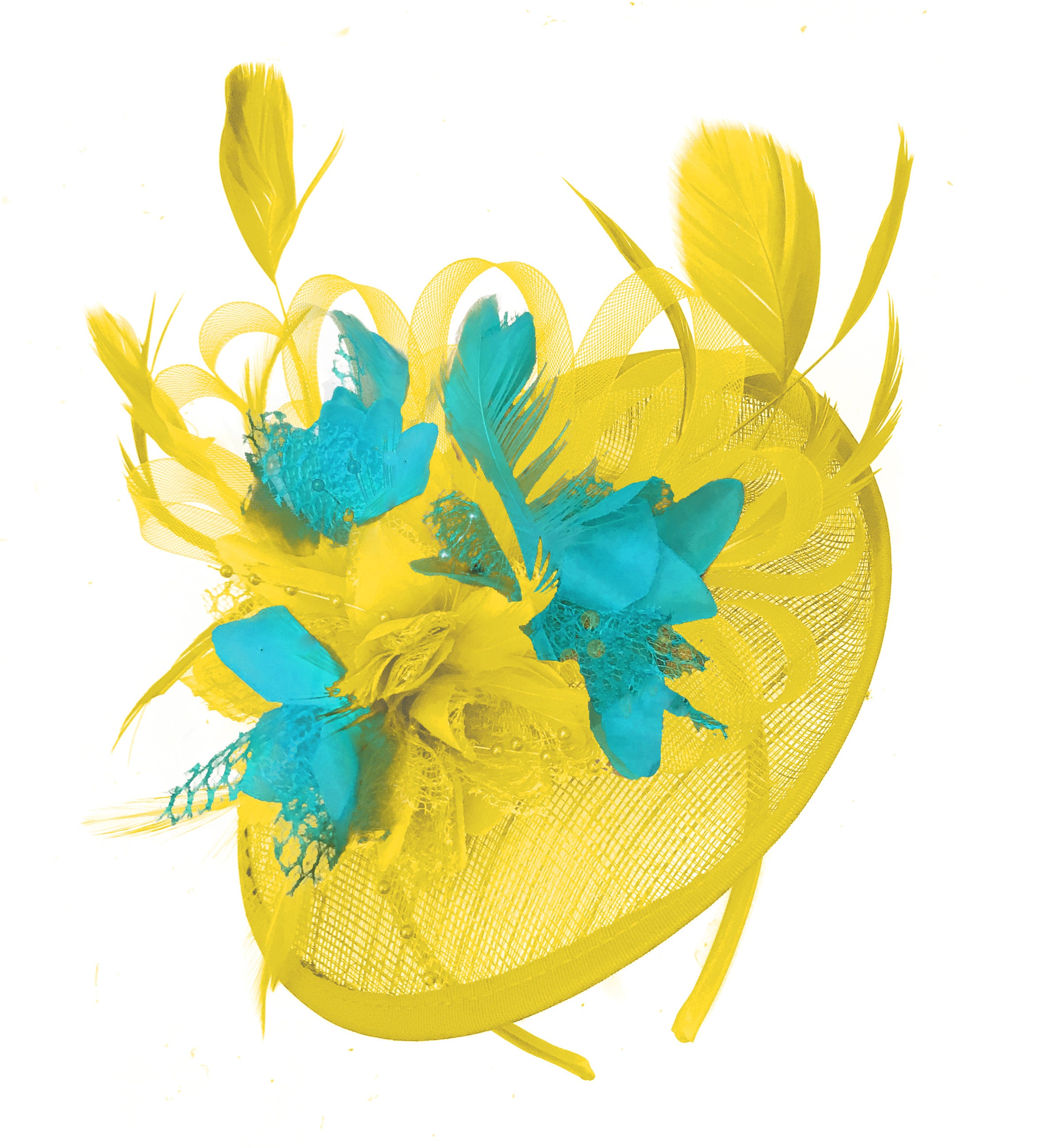 Caprilite Yellow and Aqua Sinamay Disc Saucer Fascinator Hat for Women Weddings Headband
