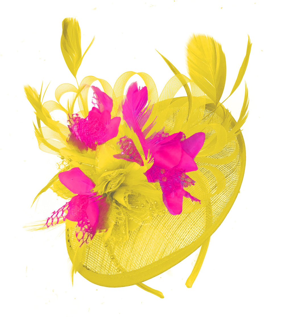 Caprilite Yellow and Fuchsia Sinamay Disc Saucer Fascinator Hat for Women Weddings Headband