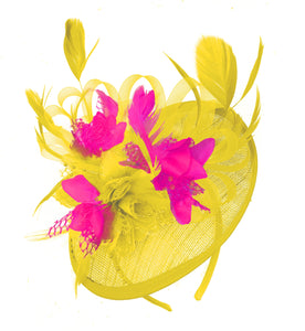 Caprilite Yellow and Fuchsia Sinamay Disc Saucer Fascinator Hat for Women Weddings Headband
