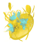 Caprilite Yellow and Light turquoise Sinamay Disc Saucer Fascinator Hat for Women Weddings Headband