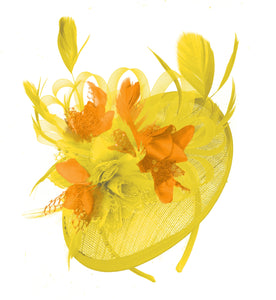 Caprilite Yellow and Orange Sinamay Disc Saucer Fascinator Hat for Women Weddings Headband
