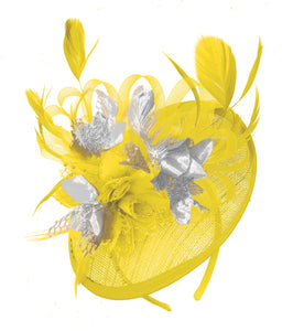 Caprilite Yellow and Silver Sinamay Disc Saucer Fascinator Hat for Women Weddings Headband