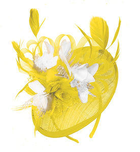 Caprilite Yellow and White Sinamay Disc Saucer Fascinator Hat for Women Weddings Headband
