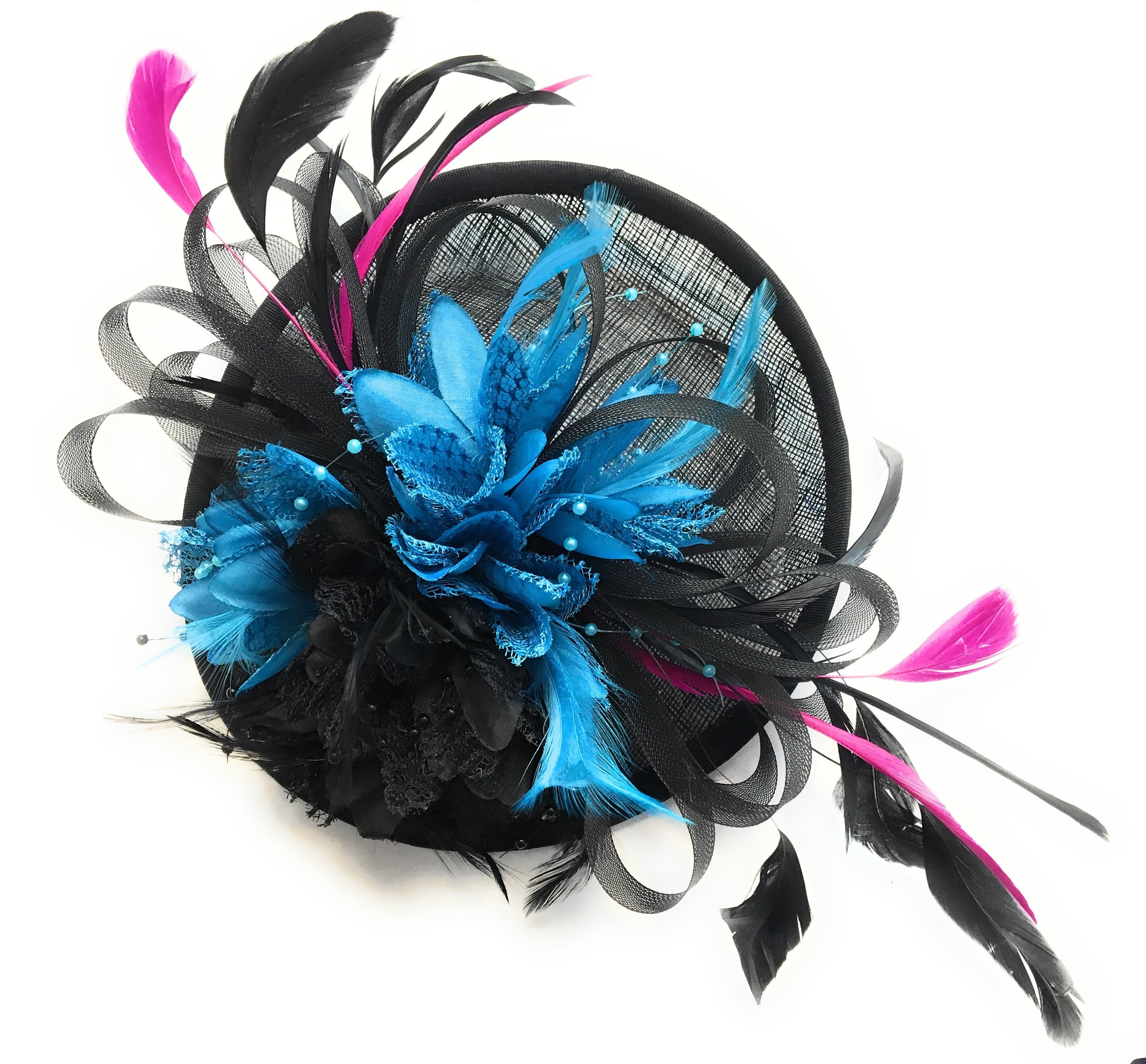 Caprilite Sinamay Black, Aqua Blue and Fuchsia Pink Disc Saucer Fascinator Hat for Women Weddings Headband