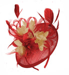 Caprilite Red and Beige Sinamay Disc Saucer Fascinator Hat for Women Weddings Headband