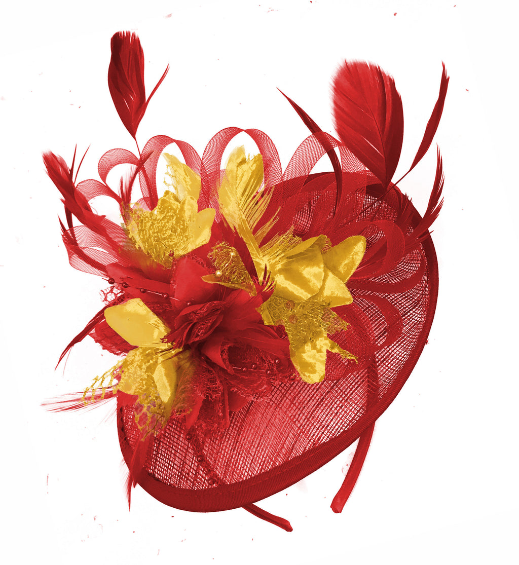 Caprilite Red and Gold Sinamay Disc Saucer Fascinator Hat for Women Weddings Headband