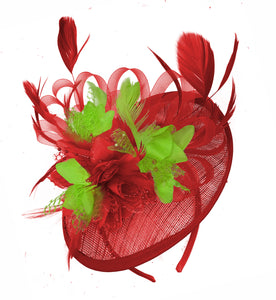 Caprilite Red and Lime Green Sinamay Disc Saucer Fascinator Hat for Women Weddings Headband