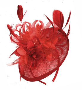 Caprilite Red and Red Sinamay Disc Saucer Fascinator Hat for Women Weddings Headband