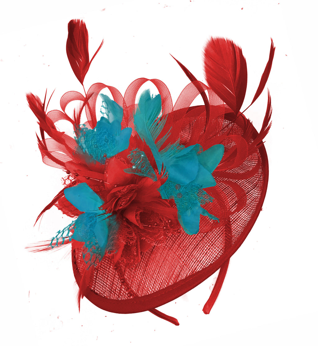 Caprilite Red and Teal Sinamay Disc Saucer Fascinator Hat for Women Weddings Headband