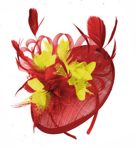 Caprilite Red and Yellow Sinamay Disc Saucer Fascinator Hat for Women Weddings Headband