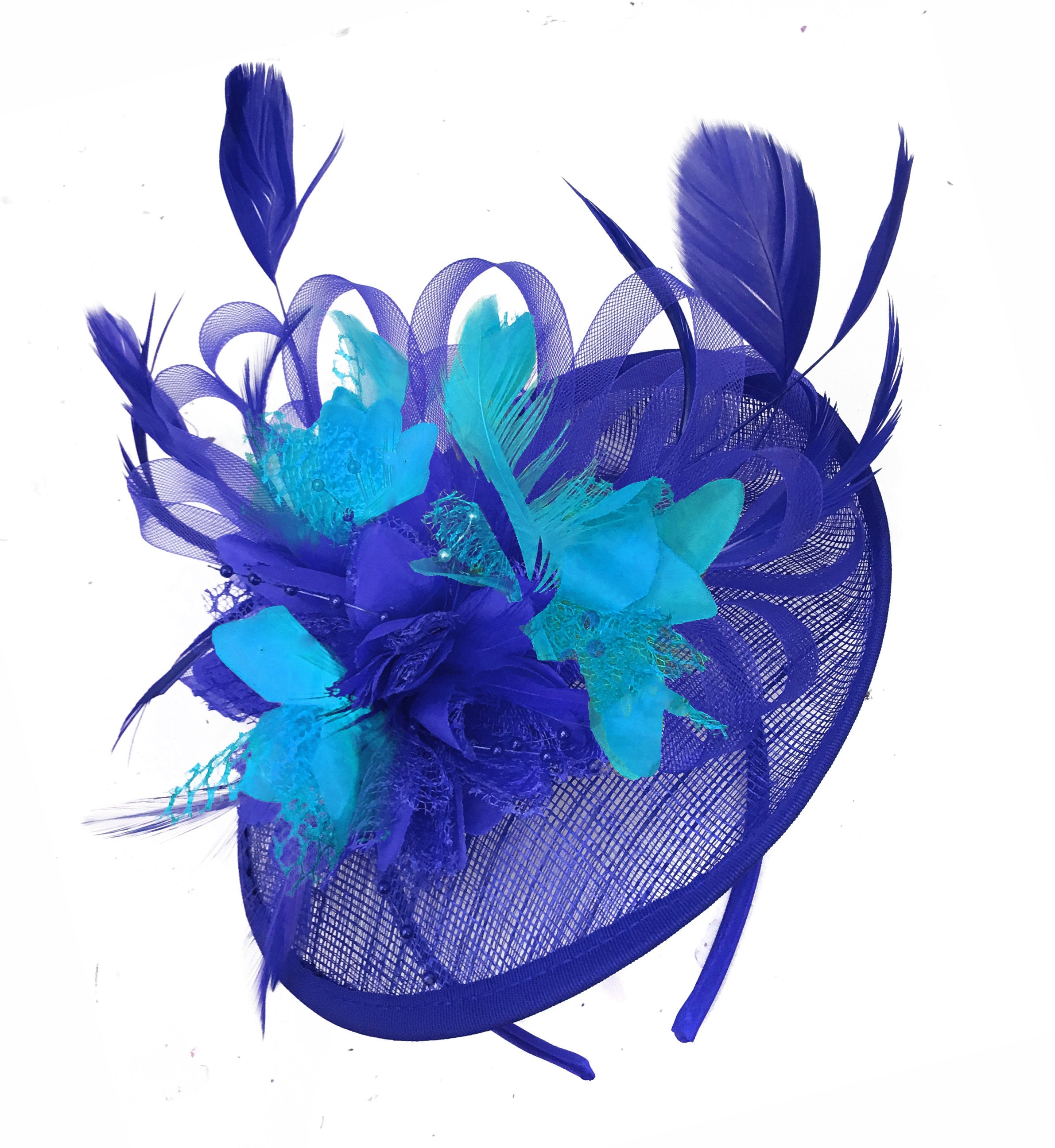 Caprilite Blue and Aqua Sinamay Disc Saucer Fascinator Hat for Women Weddings Headband