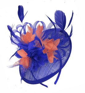 Caprilite Blue and Coral Sinamay Disc Saucer Fascinator Hat for Women Weddings Headband