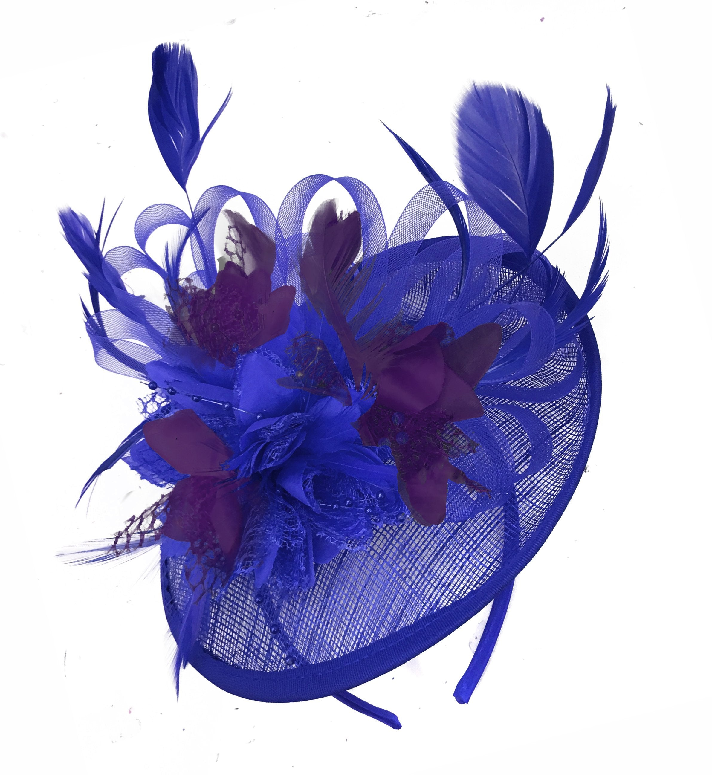 Caprilite Blue and Dark Purple Sinamay Disc Saucer Fascinator Hat for Women Weddings Headband