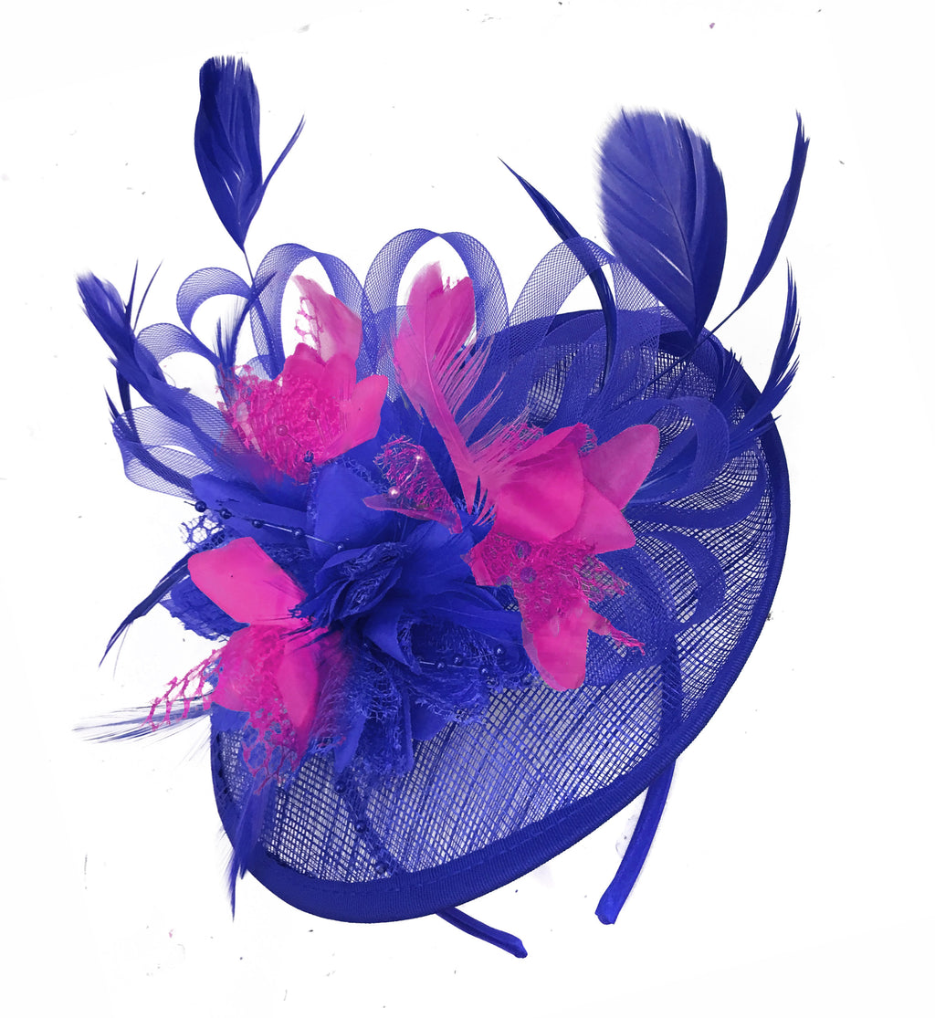 Caprilite Blue and Fuchsia Sinamay Disc Saucer Fascinator Hat for Women Weddings Headband