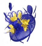 Caprilite Blue and Gold Sinamay Disc Saucer Fascinator Hat for Women Weddings Headband