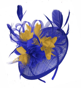 Caprilite Blue and Mustard Sinamay Disc Saucer Fascinator Hat for Women Weddings Headband