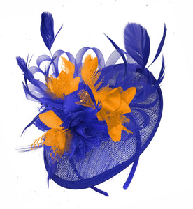 Caprilite Blue and Orange Sinamay Disc Saucer Fascinator Hat for Women Weddings Headband