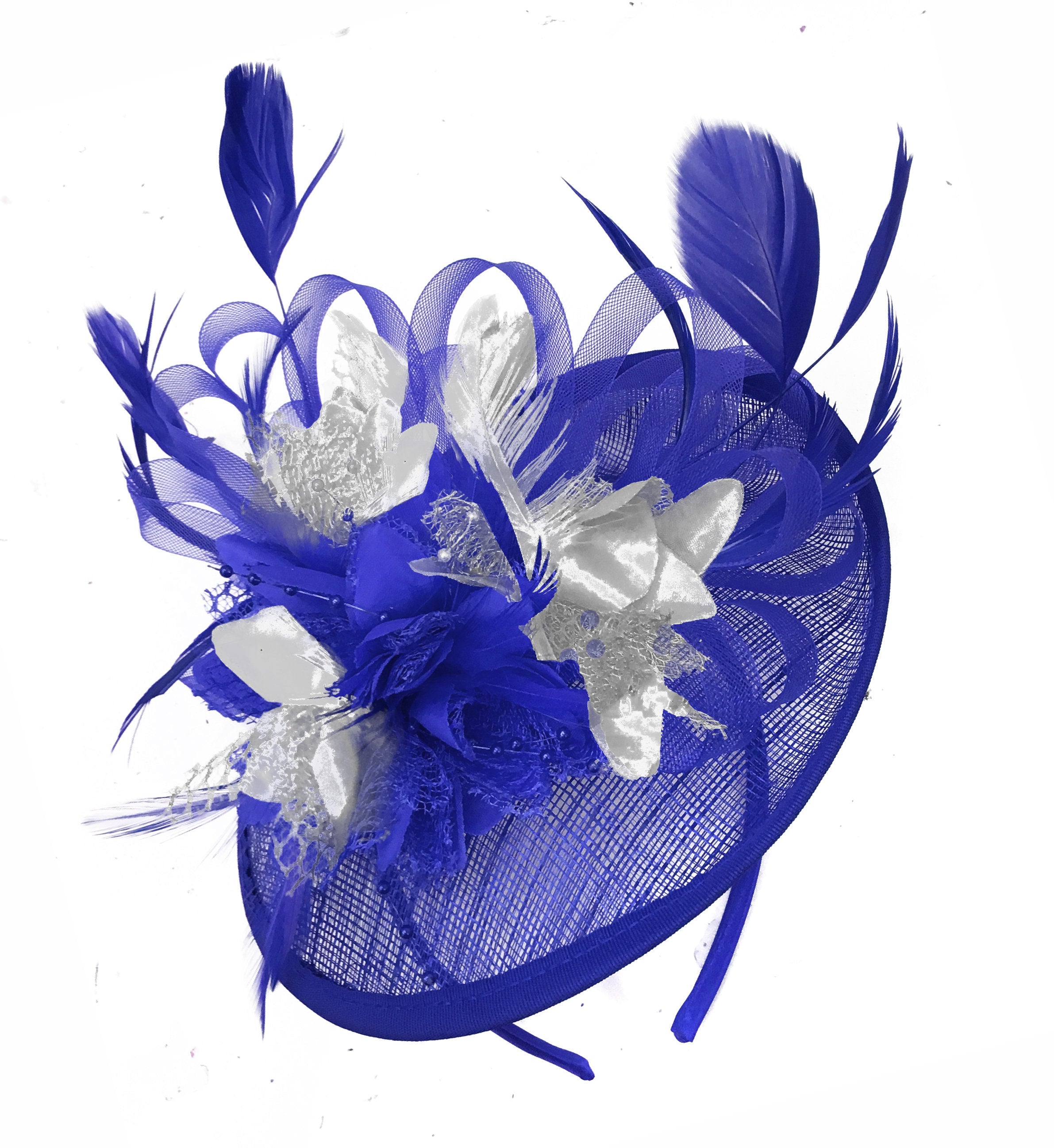 Caprilite Blue and Silver Sinamay Disc Saucer Fascinator Hat for Women Weddings Headband