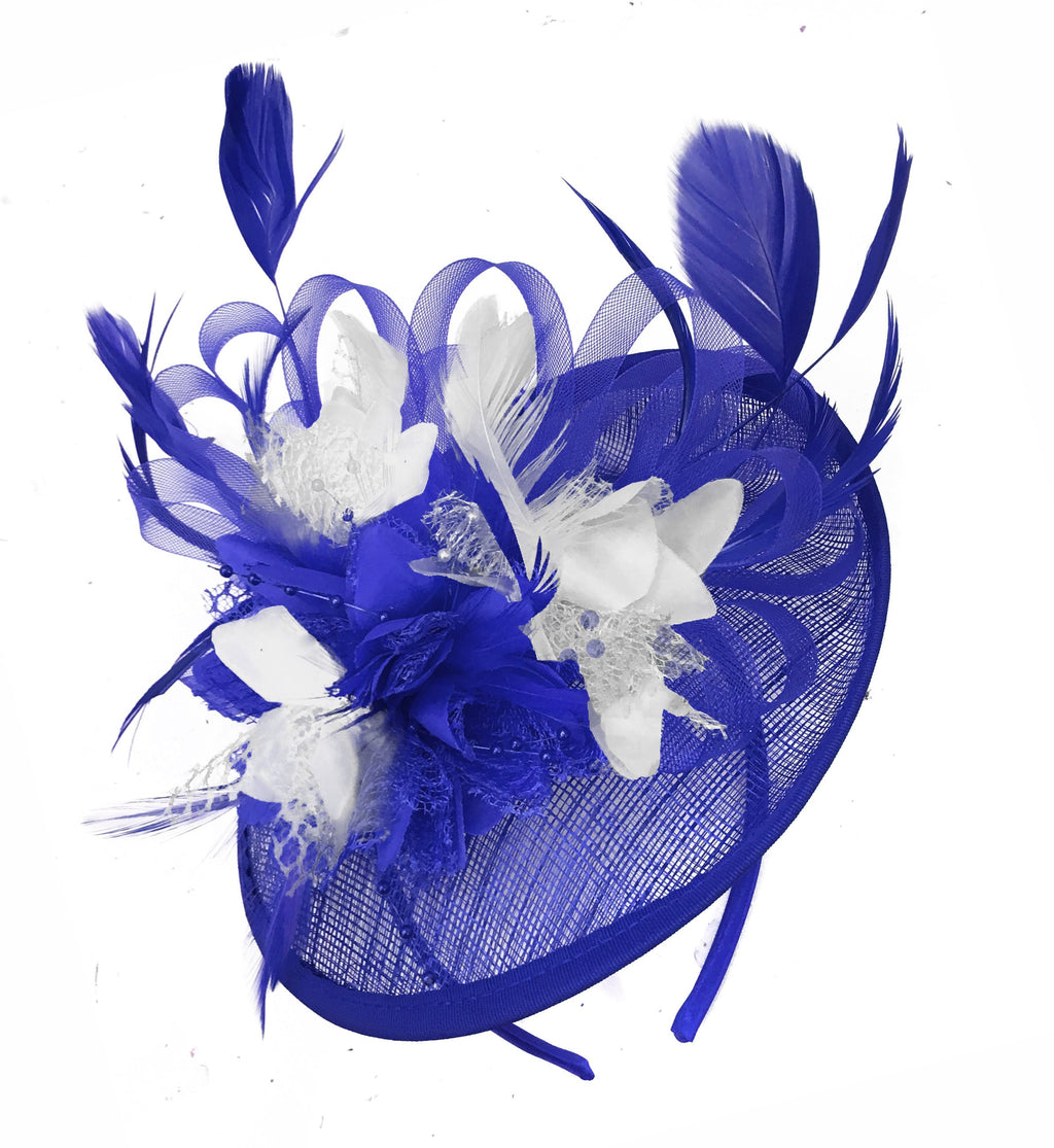Caprilite Blue and White Sinamay Disc Saucer Fascinator Hat for Women Weddings Headband