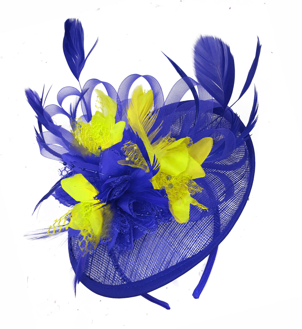 Caprilite Blue and Yellow Sinamay Disc Saucer Fascinator Hat for Women Weddings Headband