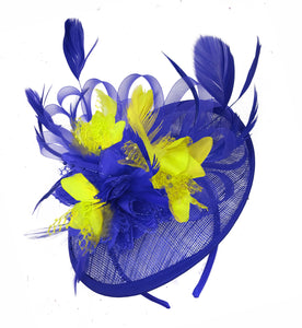 Caprilite Blue and Yellow Sinamay Disc Saucer Fascinator Hat for Women Weddings Headband
